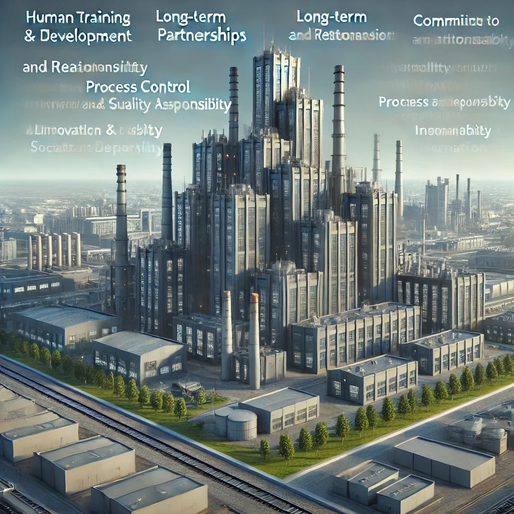 DALL·E 2024-07-18 23.55.27 - A realistic image of modern buildings representing the principles of human training and development, long-term partnerships and relationships, flexibi